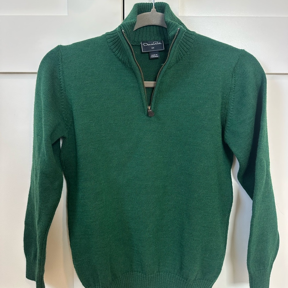 Oscar de la Renta Green Marino Quarter-Zip Sweater